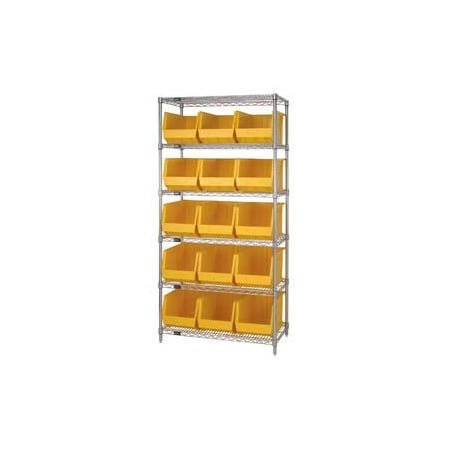 Global Industrial Chrome Wire Shelving With 15 Giant Plastic Stacking Bins Yellow, 36x18x74 268931YL